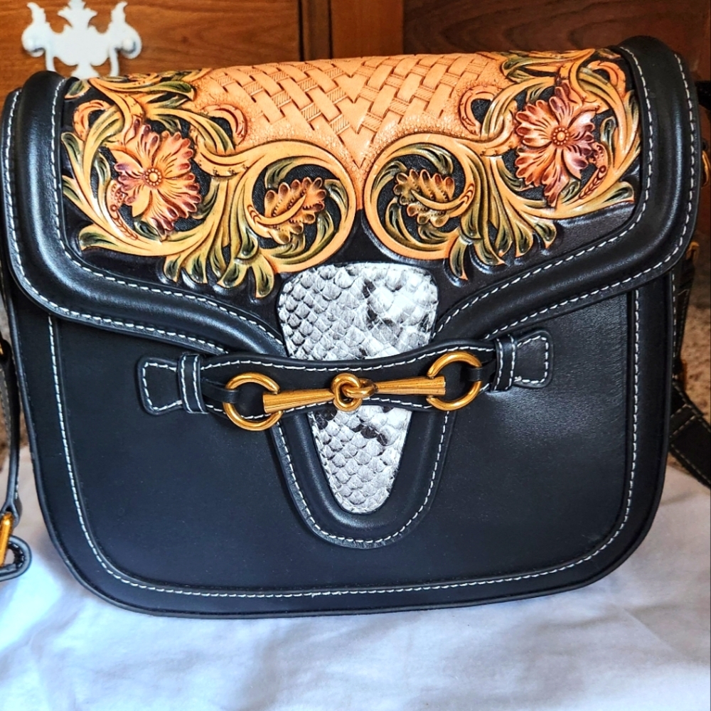 Genuine Leather Hand-Tooles Floral, Hand- Painted Crossbody Bag